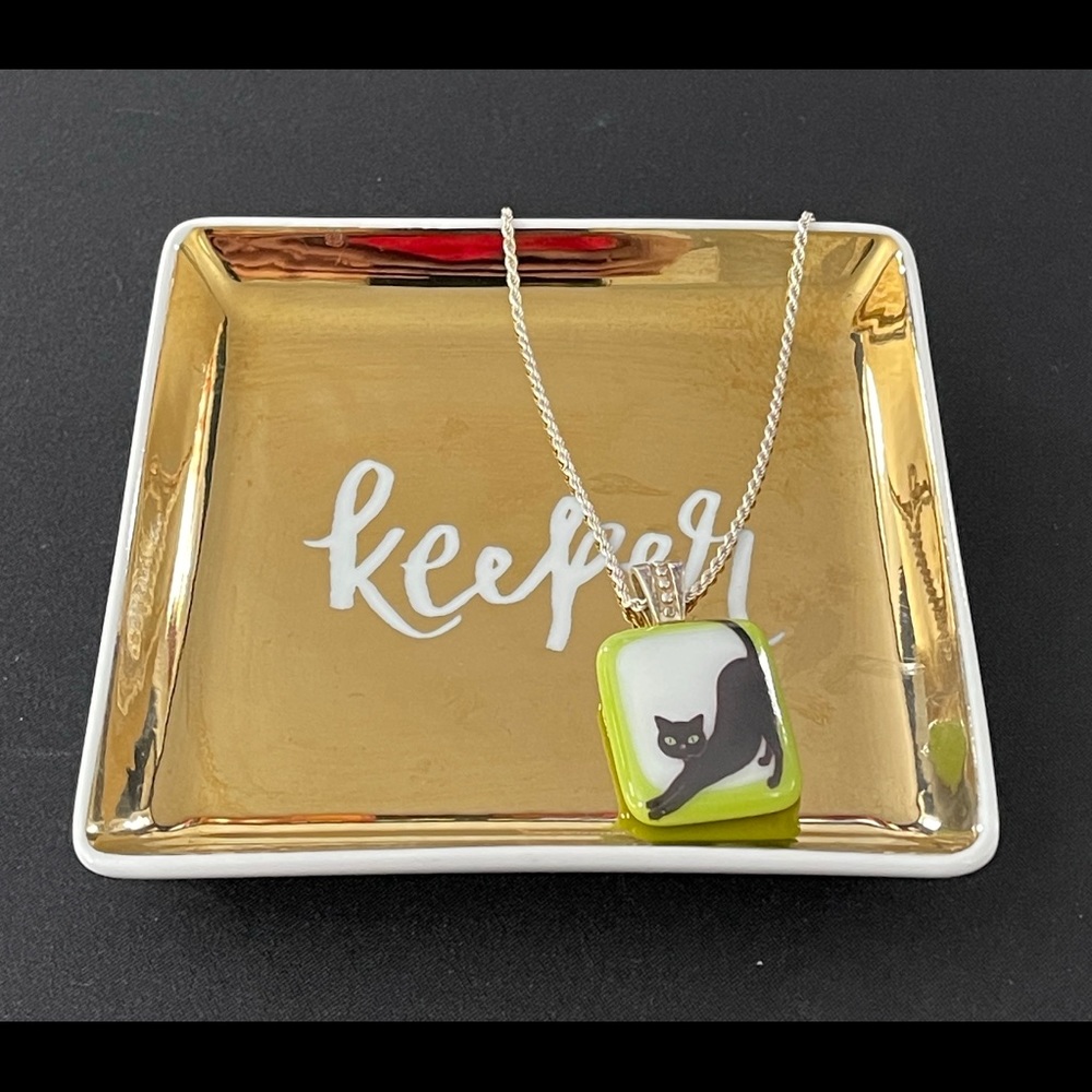 Fused Glass Pendant with Kitty Cat image 🐈‍⬛ Lime Green and White 💚🖤
